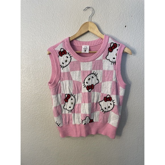 Hello Kitty Sweaters - Hello Kitty Sanrio Sweater Vest Size Medium Plaid Pink White Check Prep Y2K